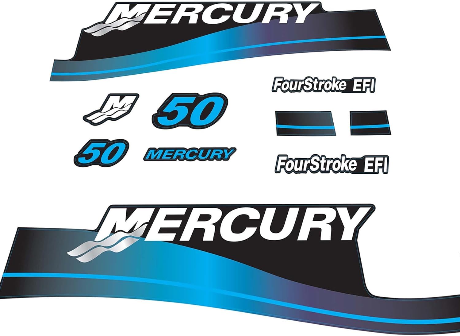 Mercury 50 HP Outboards Motor Top Cowl Cove Decal Sticker Set 852079A00 , 826337A00, 883525A02, 859267-7 - JLM Marine product photo from jlmmarine