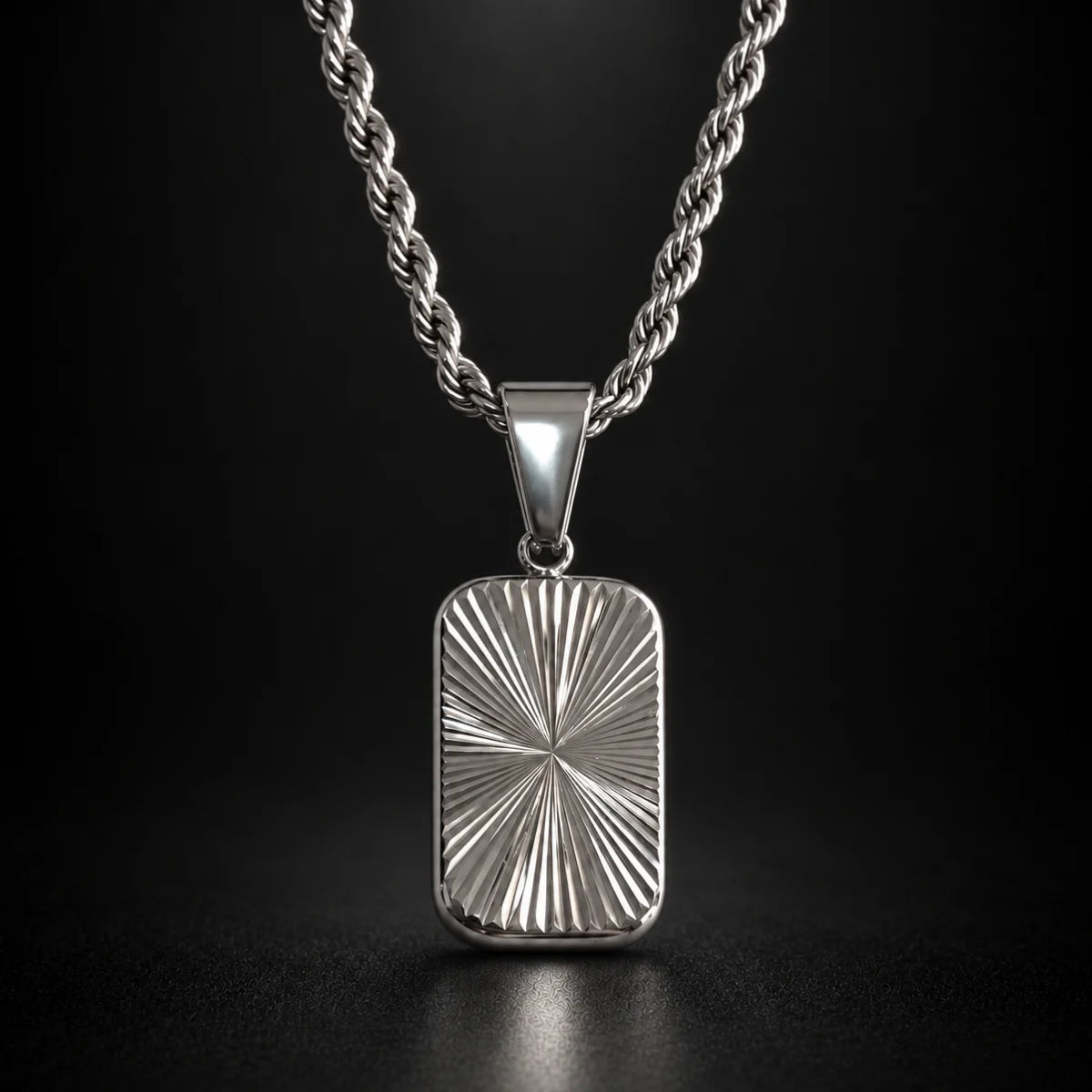 Sunburst Dog Tag Necklace product photo from xenosjewelry.